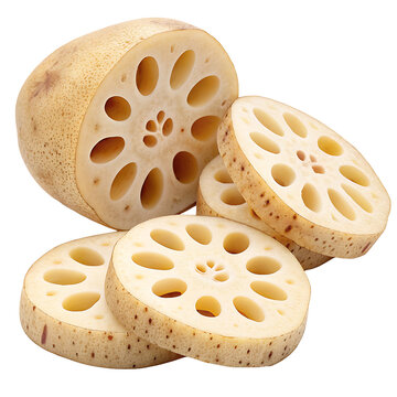 Fresh lotus root with slices isolated on checkered background.