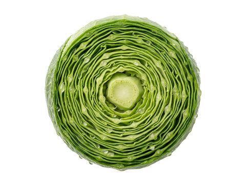 Fresh green cabbage half showing layered inner texture and water droplets isolated on a white background