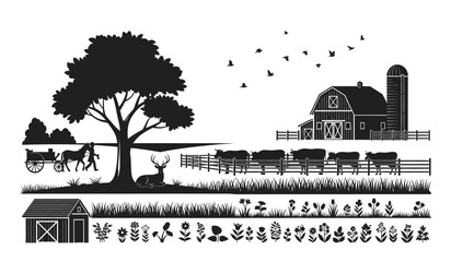 A picturesque rural scene depicts a farm landscape with animals a barn and trees presented in a striking silhouette high quality professional detailed modern © Thysl2000