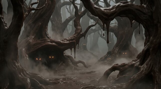 Mysterious dark forest with glowing eyes amidst foggy landscape