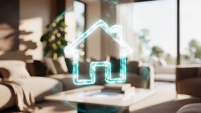 Digital house floating above living room interior as smart home automation and property technology symbol. Connected residence system for remote energy management and modern lifestyle control
