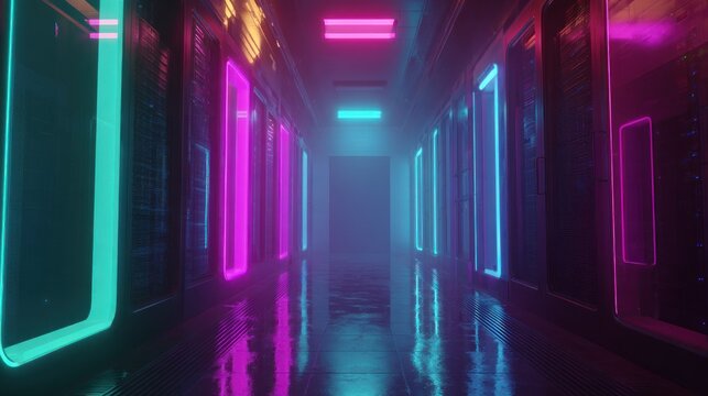 Long digital corridor illuminated by vibrant neon lighting fixtures against dark equipment racks