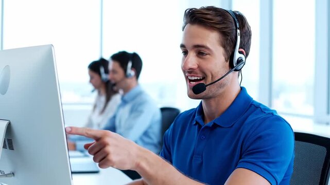 Professional customer support representative wearing headset waving at computer screen in a bright office for telemarketing and online consulting.