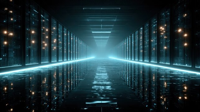 Endless row of glowing electronic equipment lines a dark digital corridor