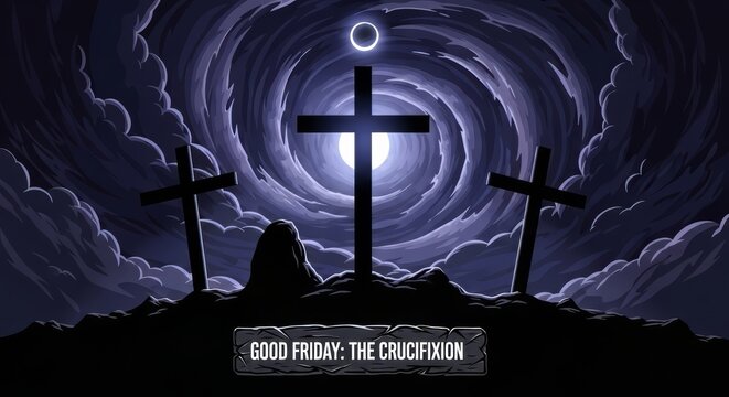 Dark Cinematic Silhouette Of Three Crosses Under Cosmic Storm Vortex