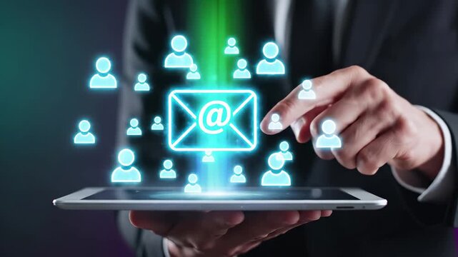 Email marketing campaign with envelope surrounded by user profile above tablet device. Digital mass communication and newsletter broadcast network for business customer outreach and audience