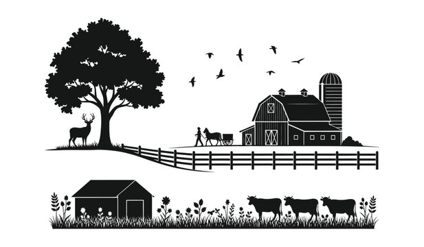 A striking black and white illustration depicts a rural scene with a barn grazing cows and deer presented as a silhouette high quality professional