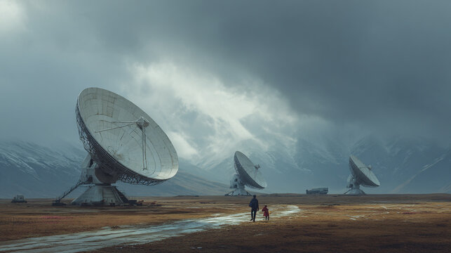 Giant large satellite dishes stand tall in a dry grassy field with hills in the background under a hazy orange sky at sunset