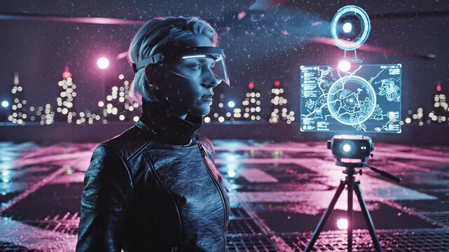 Woman watches holographic display in cyberpunk city with rain. Futuristic woman views hologram screen in neon city. Woman stands watching display in rain. Cyberpunk city with holographic technology.