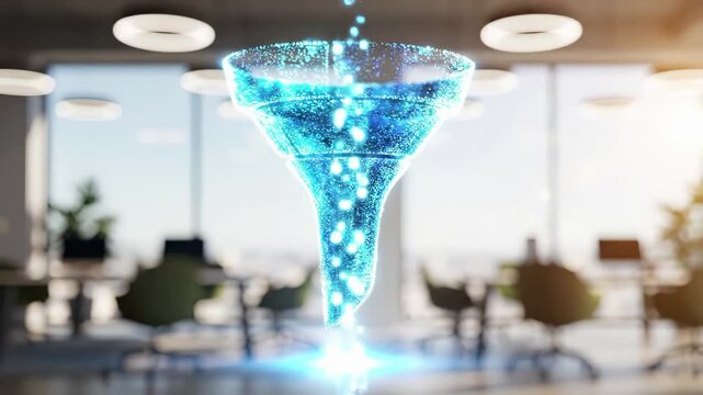 Digital sales funnel with glowing particle stream in modern office workspace. Marketing conversion pipeline and lead generation strategy for business customer acquisition and performance optimization