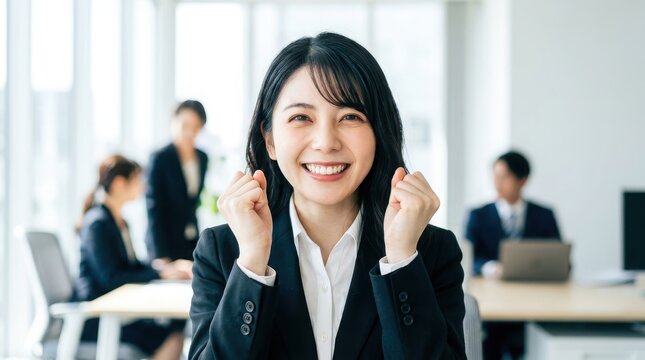 オフィスで両手でガッツポーズをして満面の笑みを見せる新卒の女性