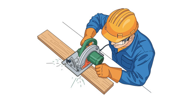 Man wearing safety gear using power saw.