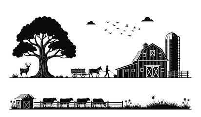 A pastoral scene depicts a classic farm landscape with a barn tree deer and livestock presented as a striking silhouette high quality professional detailed © Thysl2000