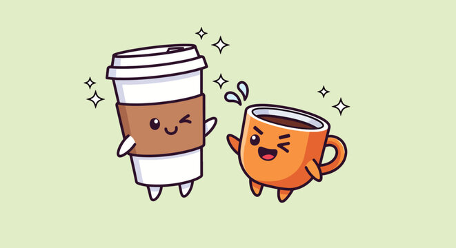 Cute Coffee Cup and Takeaway Mug Cartoon Characters.