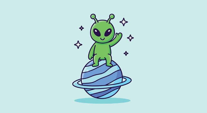 Cute Green Alien Waving Hand on Planet Cartoon Illustration.
