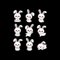Obraz premium easter bunny with easter eggs, black and white buttons on white Collection of Sixteen Cute Cartoon Bunny Emojis with Various Facial Expressions.