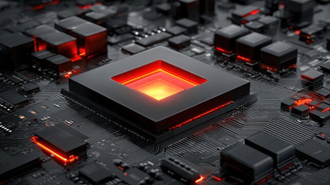 Illuminated central processing unit surrounded by various electronic components glows with internal orange light.