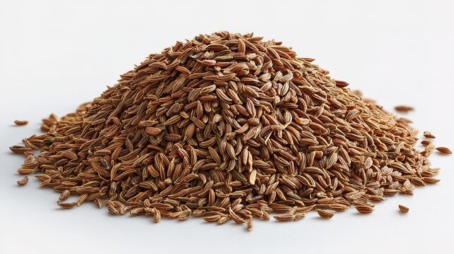 Heap of brown cumin seeds, close-up view.