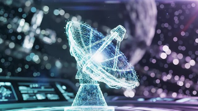 Digital satellite dish antenna transmitting wireless signals in network environment. Advanced radar and telecommunications technology for global data communication and space signal transmission