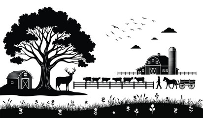 A striking black and white illustration depicts a rural landscape with a majestic stag a farm and rolling hills all rendered as a silhouette © Thysl2000