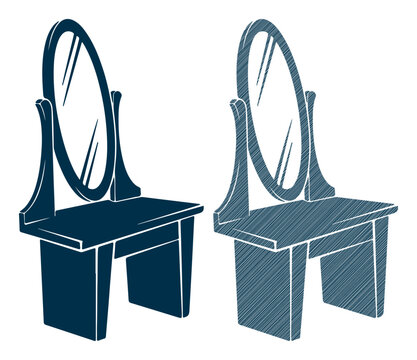 Elegant vanity tables with mirrors in contrasting blue tones, offering a stylish interior design element.