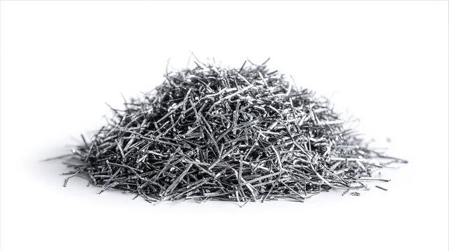 A small pile of dark, twisted metal nails against a white background.