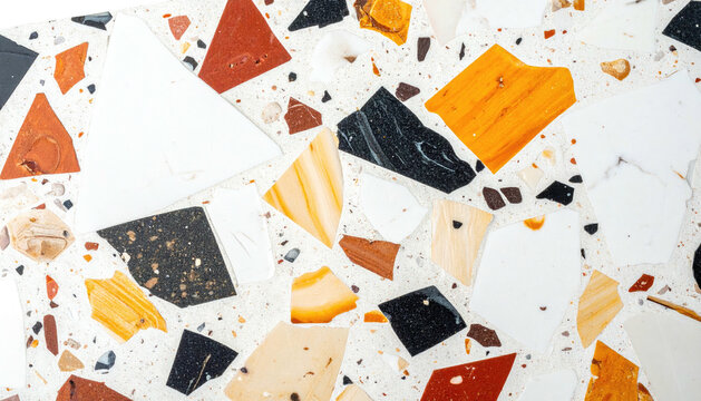 Abstract terrazzo pattern with colorful geometric shapes on a bright base