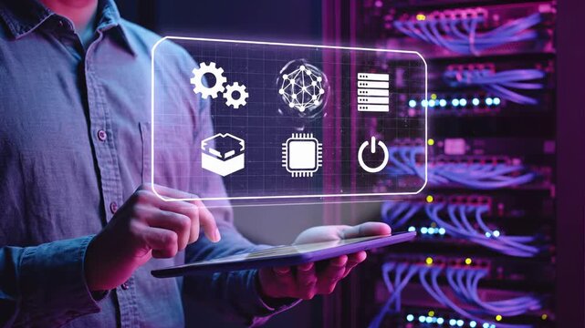 It engineer managing server infrastructure with tablet and virtual tech in datacenter. Network hardware chip and database system administration for cloud computing and digital technology deployment