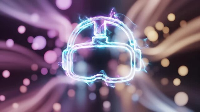Neon glowing vr headset in futuristic digital environment with bokeh light effects. Virtual reality and metaverse technology for immersive gaming simulation and next gen interactive experience