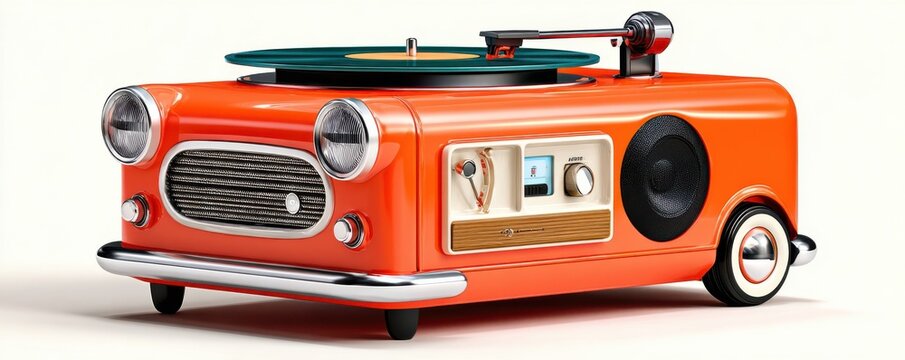 Retro car-shaped turntable record player in orange with chrome details and vintage design