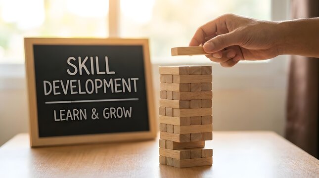A person building a tower of wooden blocks next to a skill development sign