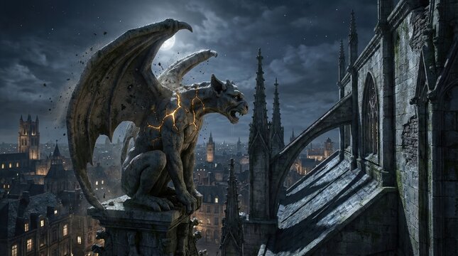 Gargoyle statue perched on rooftop overlooking cityscape at night