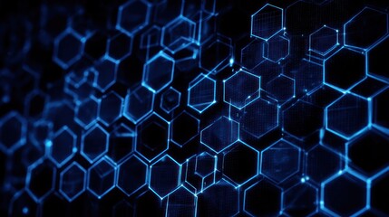 Obraz premium Glowing blue hexagonal lattice structure extends into a digital dark space.