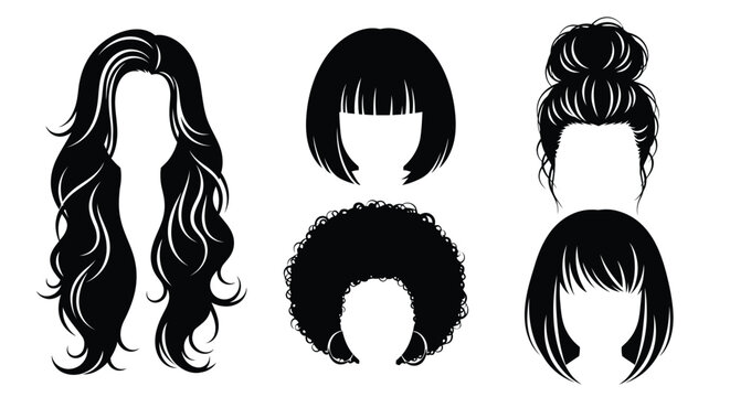 A stylish collection of diverse female hairstyles is presented in a flat vector graphic showcasing various lengths and textures a silhouette high quality professional