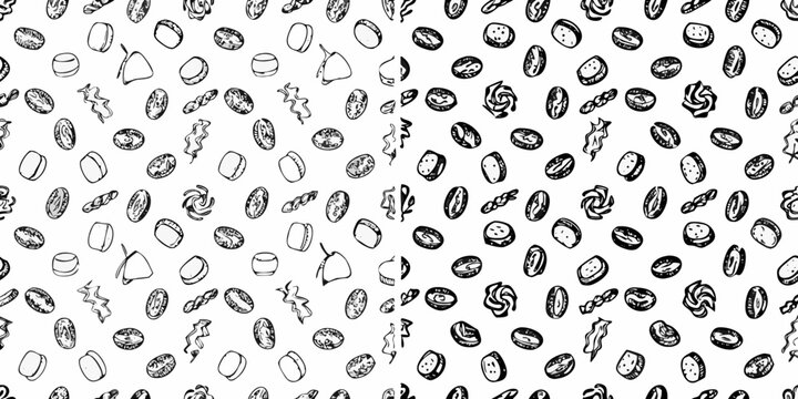 A seamless pattern of various sketched pasta shapes on white