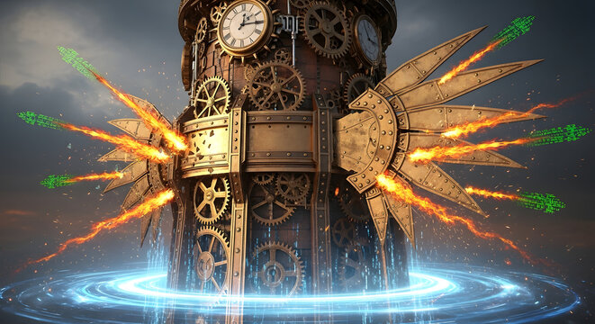 Steampunk clock tower exploding with orange fire sparks and blue glowing light