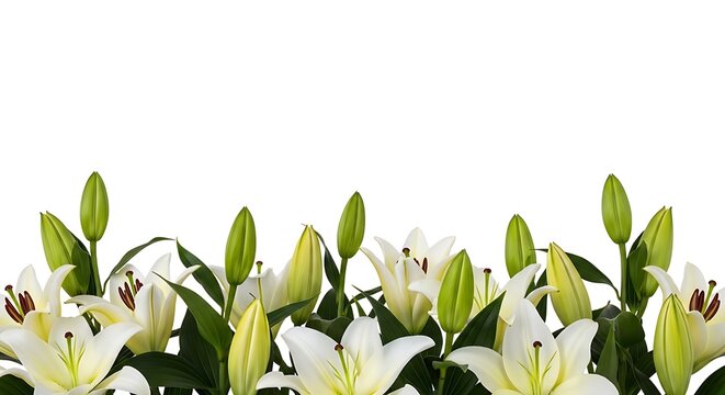 White lily flowers and buds border on white background with copy space