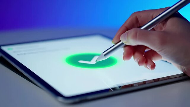 Stylus pen tapping checkmark approval on tablet screen for digital document signing and electronic authorization. Business esign technology for paperless contract agreement and compliance verification