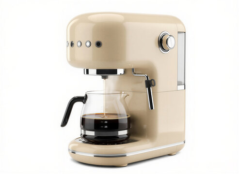 coffee maker machine. Retro crem coffee maker with glass carafe isolated. vintage style kitchen appliance for brewing hot beverages on white background.