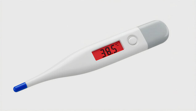 Isolated Digital Thermometer Showing High Temperature. Modern white and gray digital medical thermometer displaying a high fever temperature of 38.5 degrees Celsius, essential health monitoring device