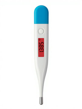 Isolated Digital Thermometer Showing High Temperature. Modern white and gray digital medical thermometer displaying a high fever temperature of 38.5 degrees Celsius, essential health monitoring device