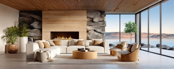 Obraz premium Modern living room with large white sofa, fireplace and panoramic lake view through floor-to-ceiling windows