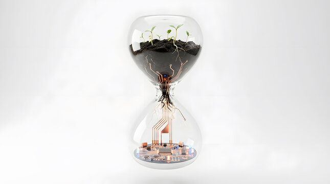 Hourglass with growing plants and circuit board merging