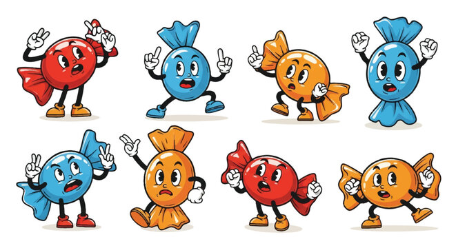 Cartoon candies with animated expressions and poses isolated illustration
