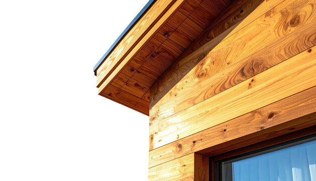 Wooden building corner under bright sky, featuring warm tones and natural wood