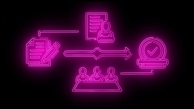 Neon pink flowchart icons on a black background with a glowing effect.