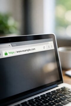 Secure https website address displayed on laptop browser emphasizing online security and web trust