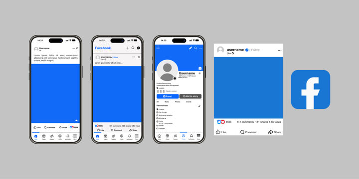 Set of Facebook mobile app interface screens, profile and news feed design with blue brand identity, professional social network user interface for smartphon