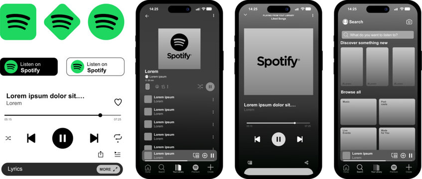 Music streaming app interface with audio player controls, Spotify-inspired digital brand identity for mobile media, music library and podcast dashboard design with dark theme