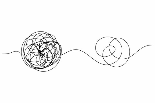 Abstract black lines forming a chaotic tangle and a simple swirl